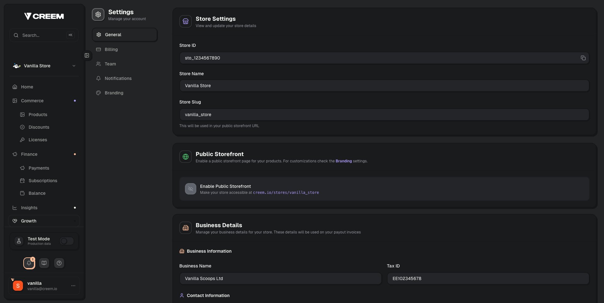 Creem Settings page showing Store ID at the top