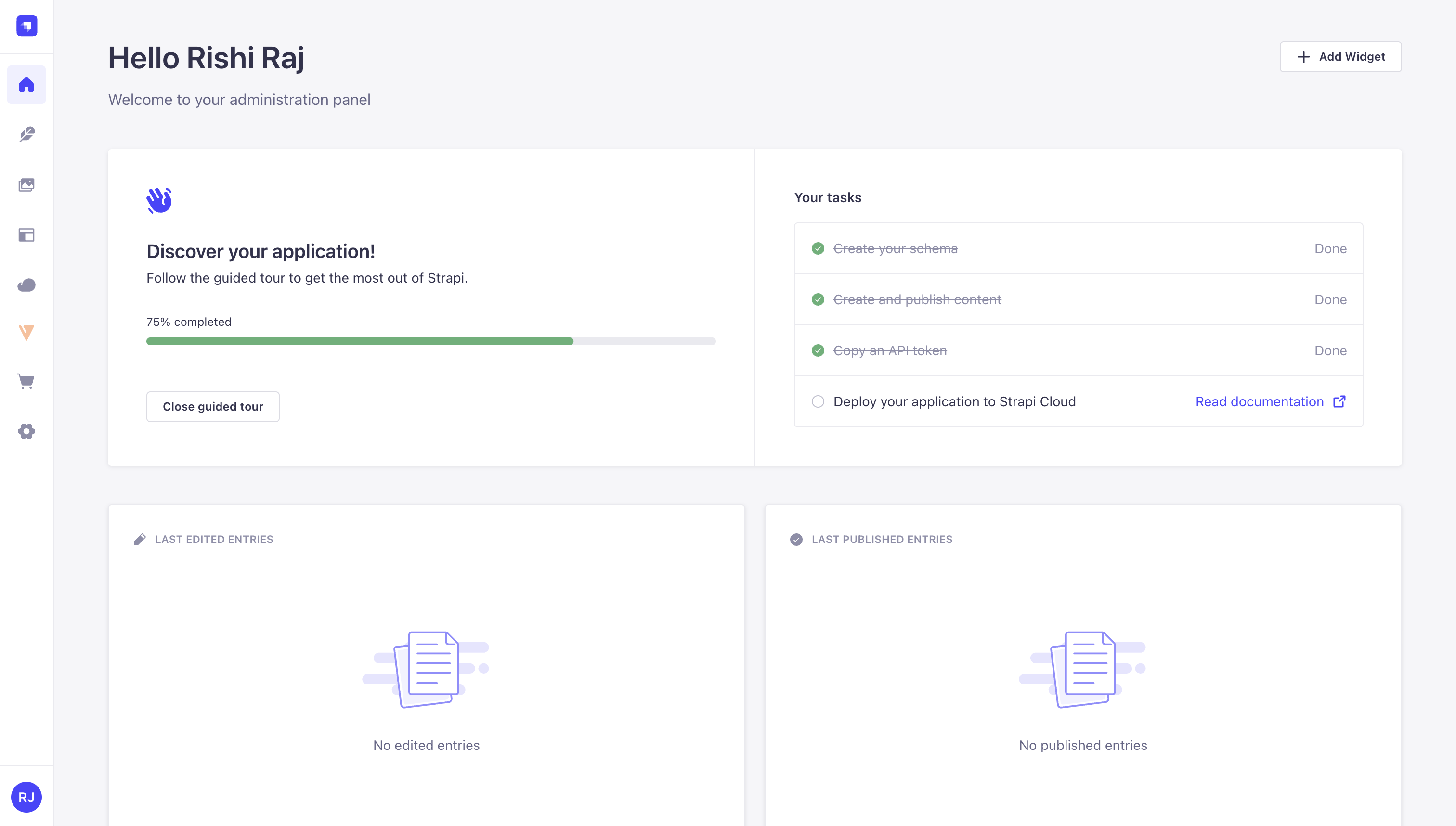 Strapi admin home with Creem plugin in the sidebar