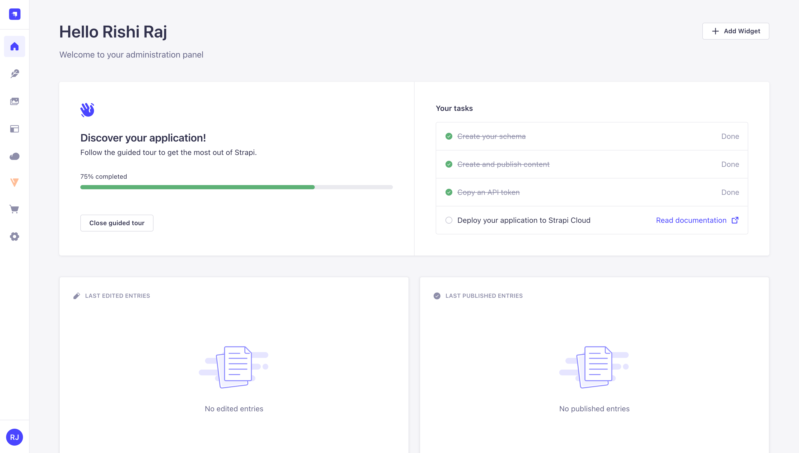 Strapi admin home with Creem plugin in the sidebar