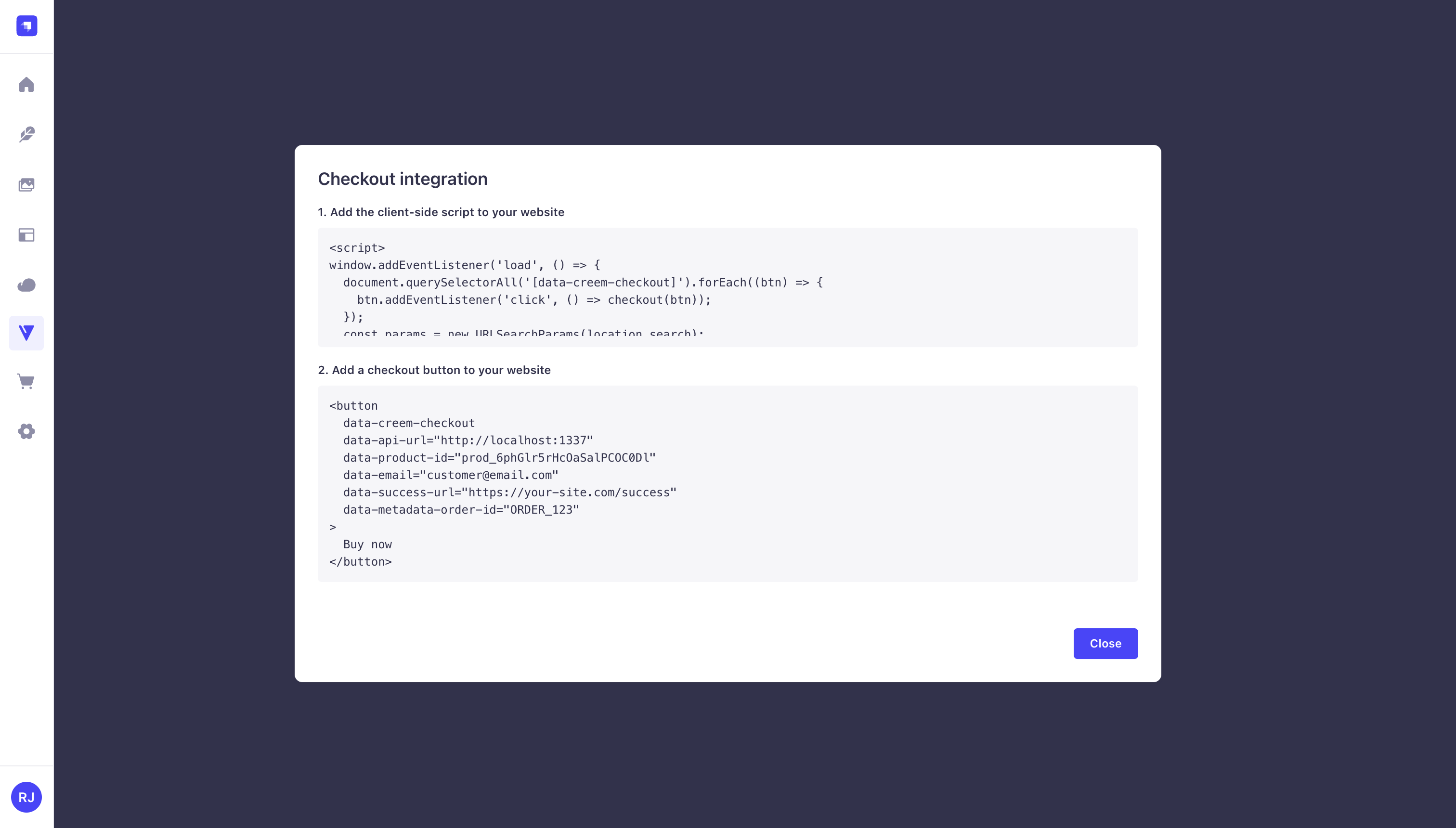 Checkout integration modal with embed snippet and JavaScript