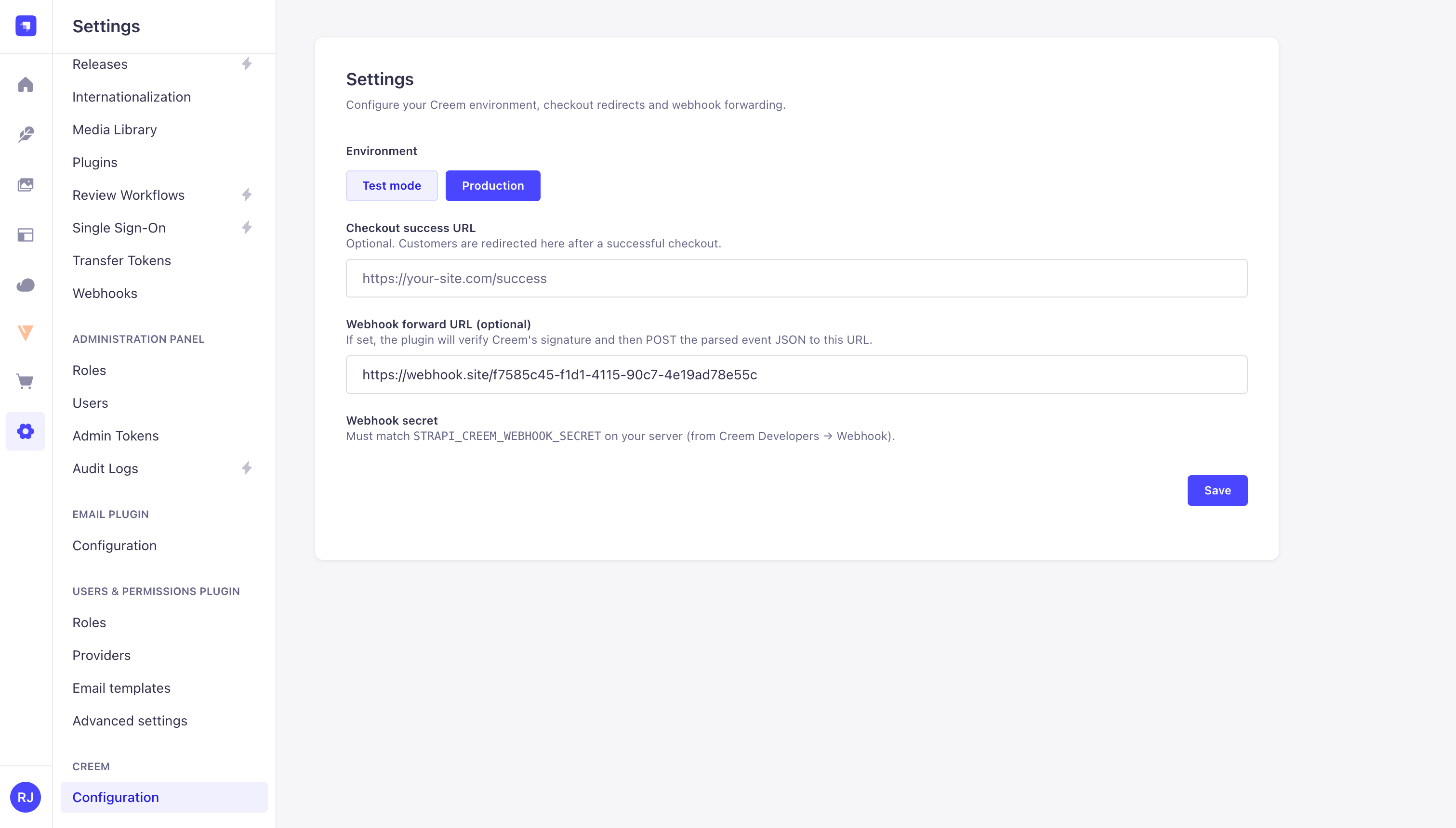 Creem plugin Configuration page