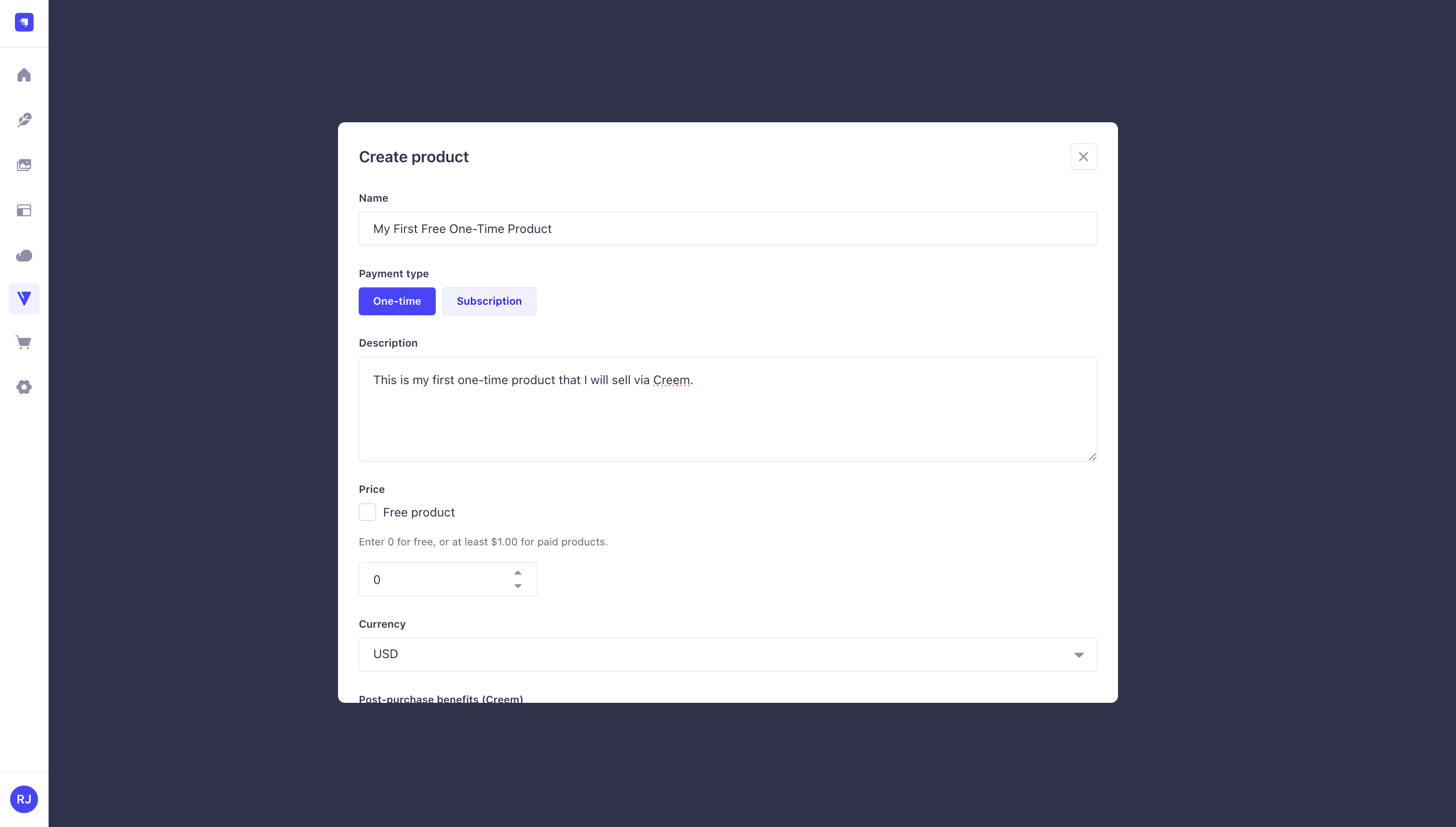 Create product modal in the Strapi Creem plugin