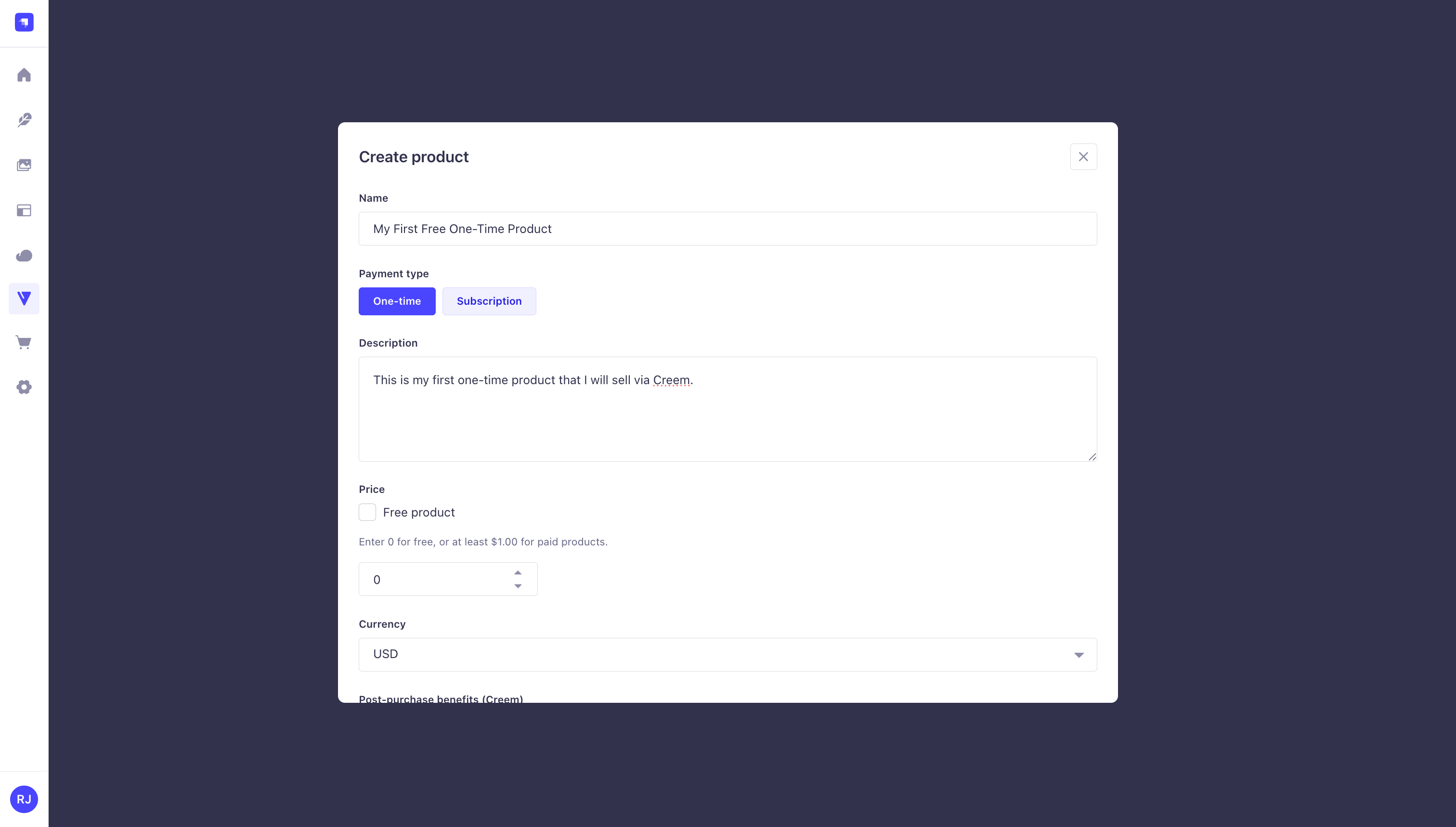 Create product modal in the Strapi Creem plugin