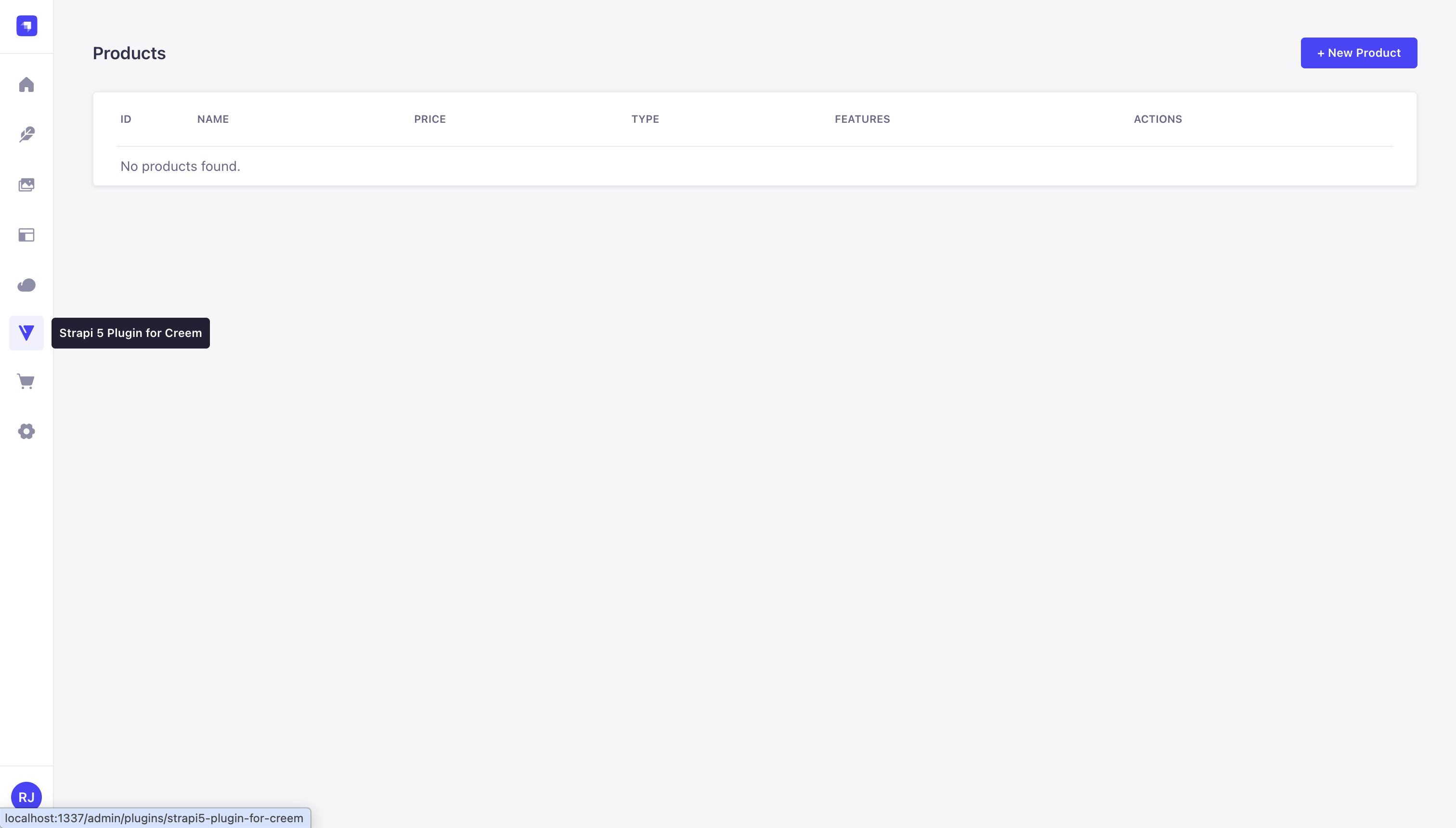 Creem plugin products page, empty initial state