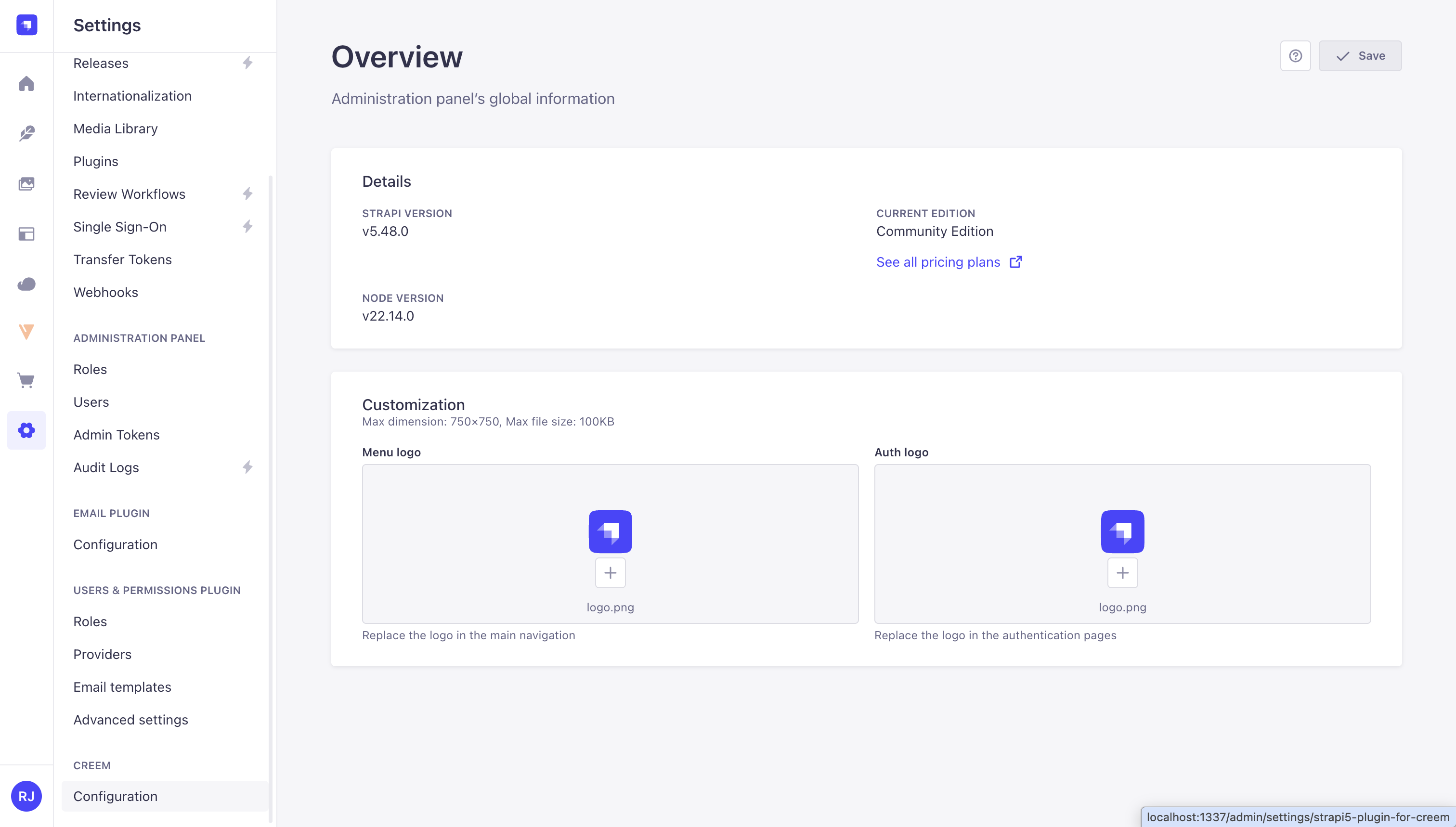 Creem Configuration under Settings in the Strapi admin