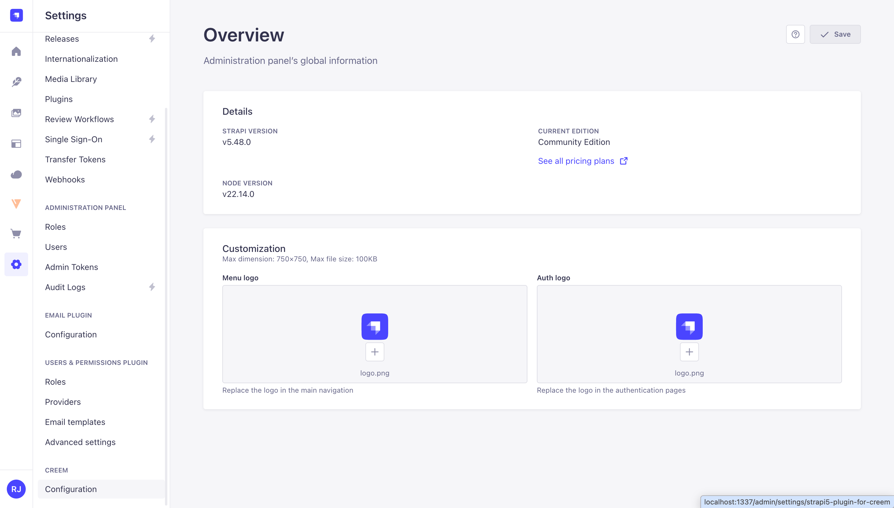 Creem Configuration under Settings in the Strapi admin