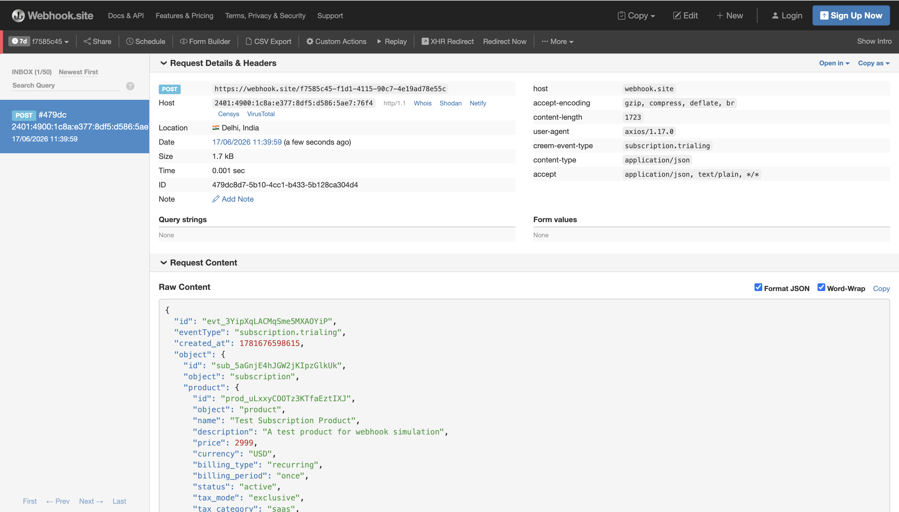 Forwarded Creem webhook event received at a webhook forward URL