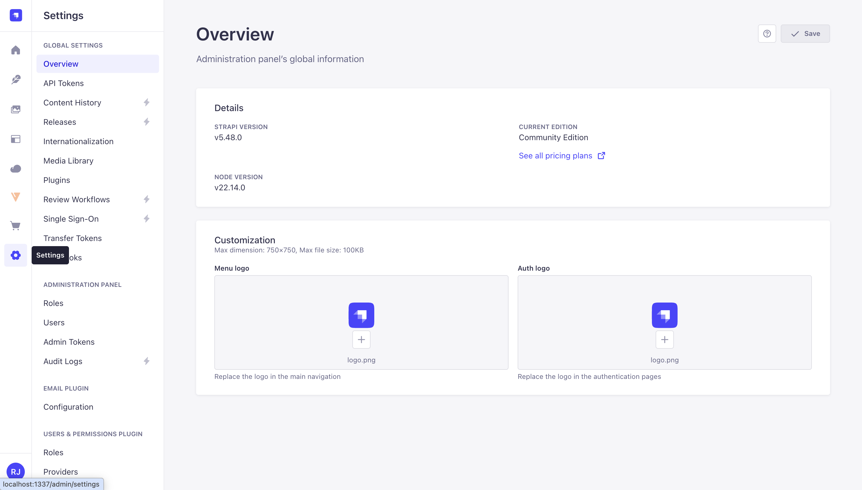 Settings entry in the Strapi admin sidebar