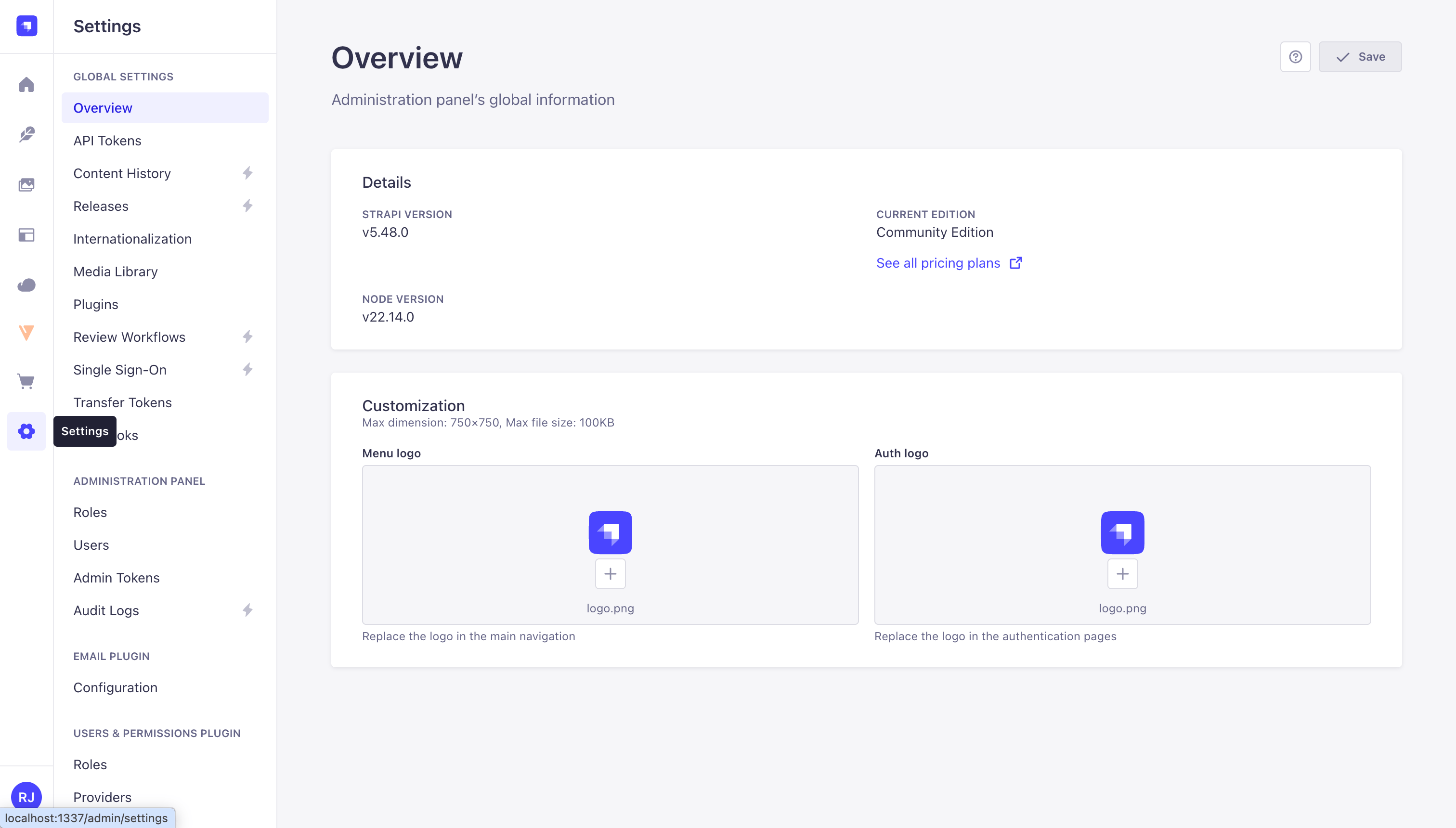 Settings entry in the Strapi admin sidebar