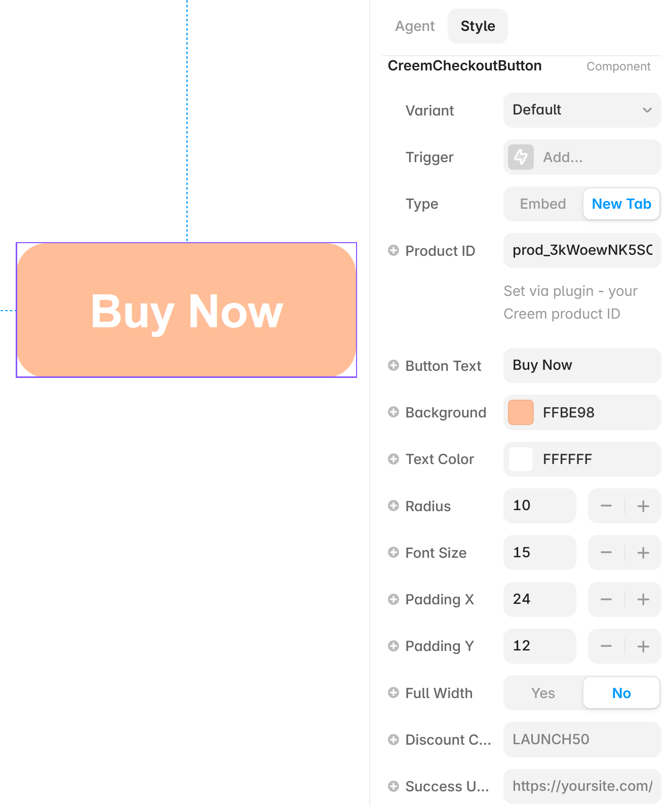 Checkout button property controls in the Framer panel