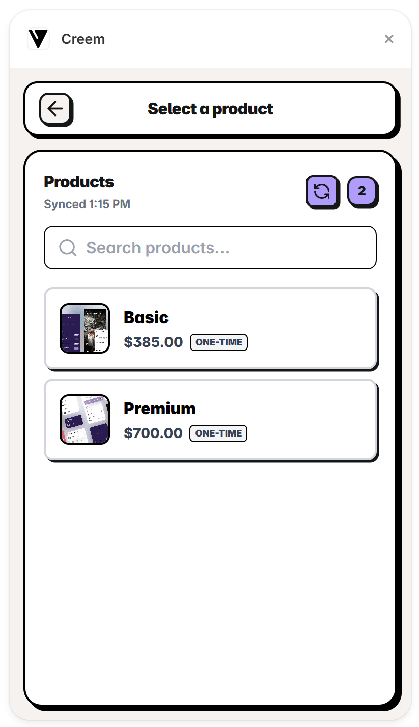 Selecting a product for the checkout button