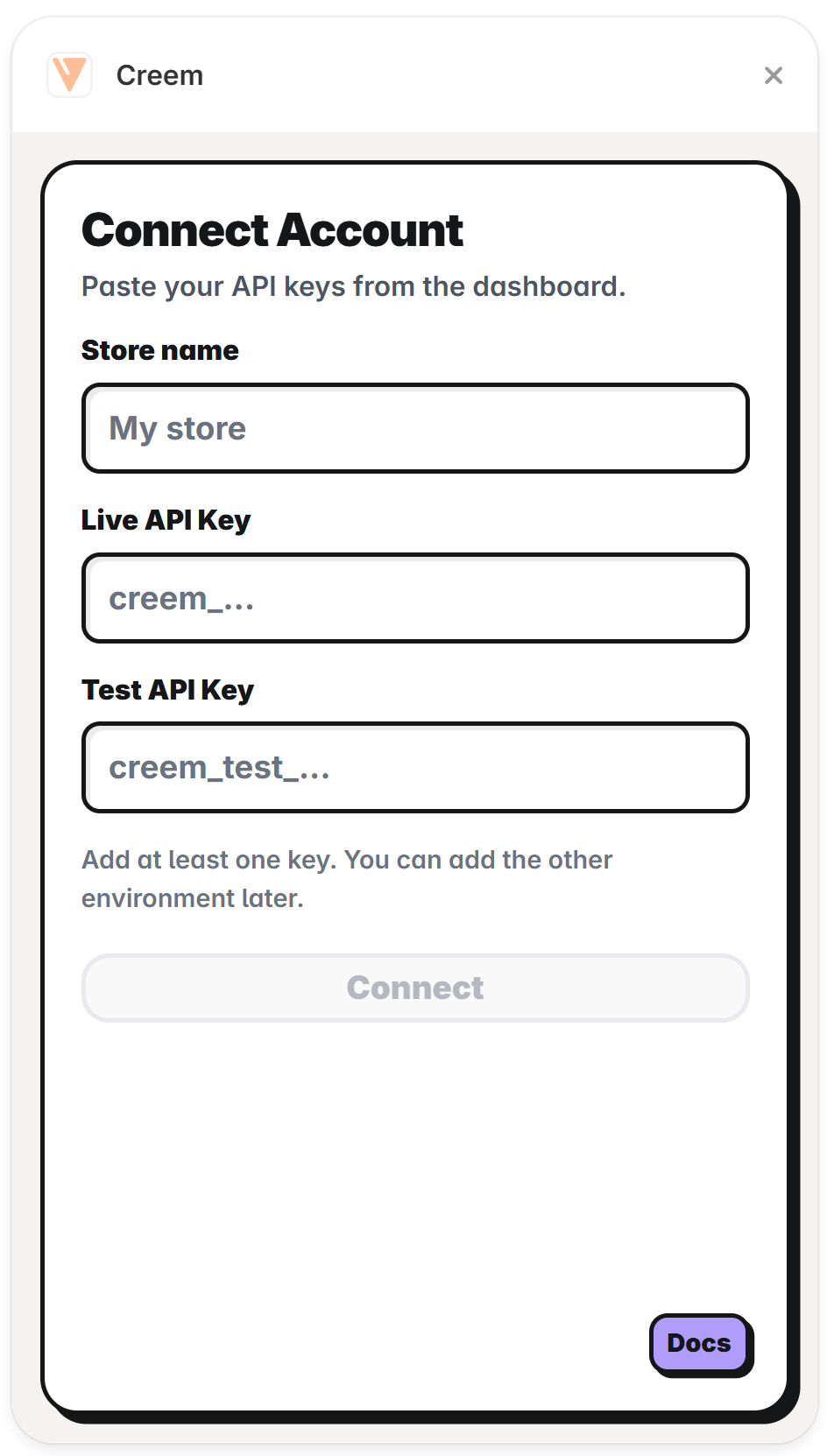 Connect your Creem account in the Framer plugin