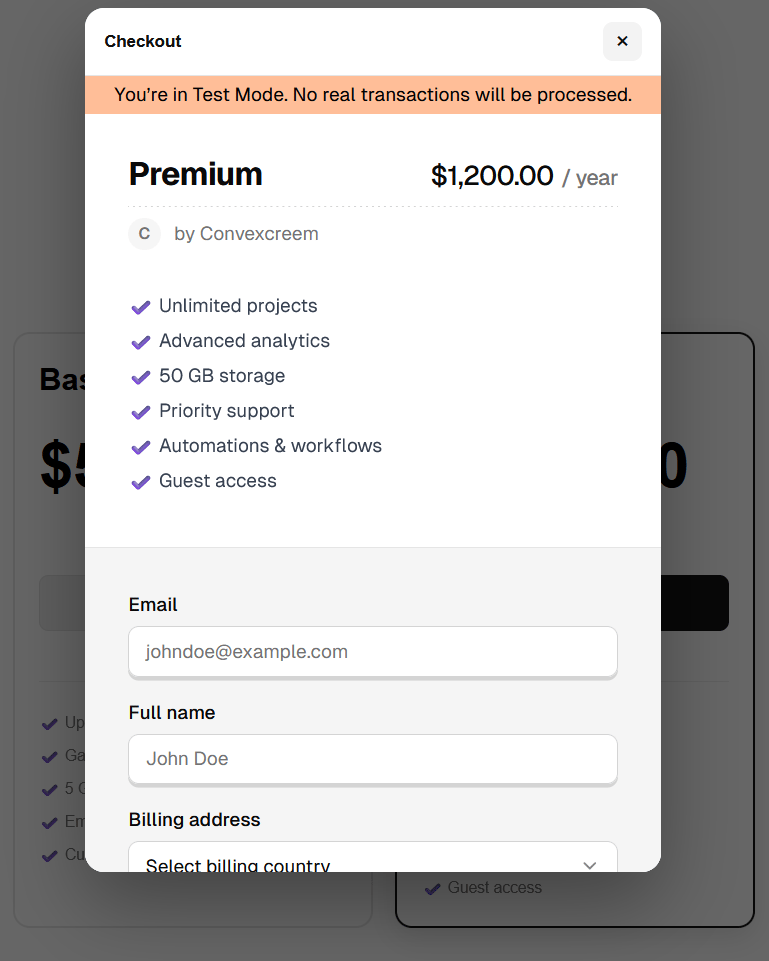Creem embed checkout modal