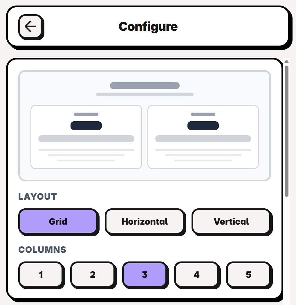 Choosing the pricing table layout and columns