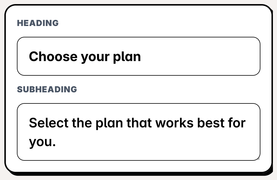 Setting the pricing table heading and subheading