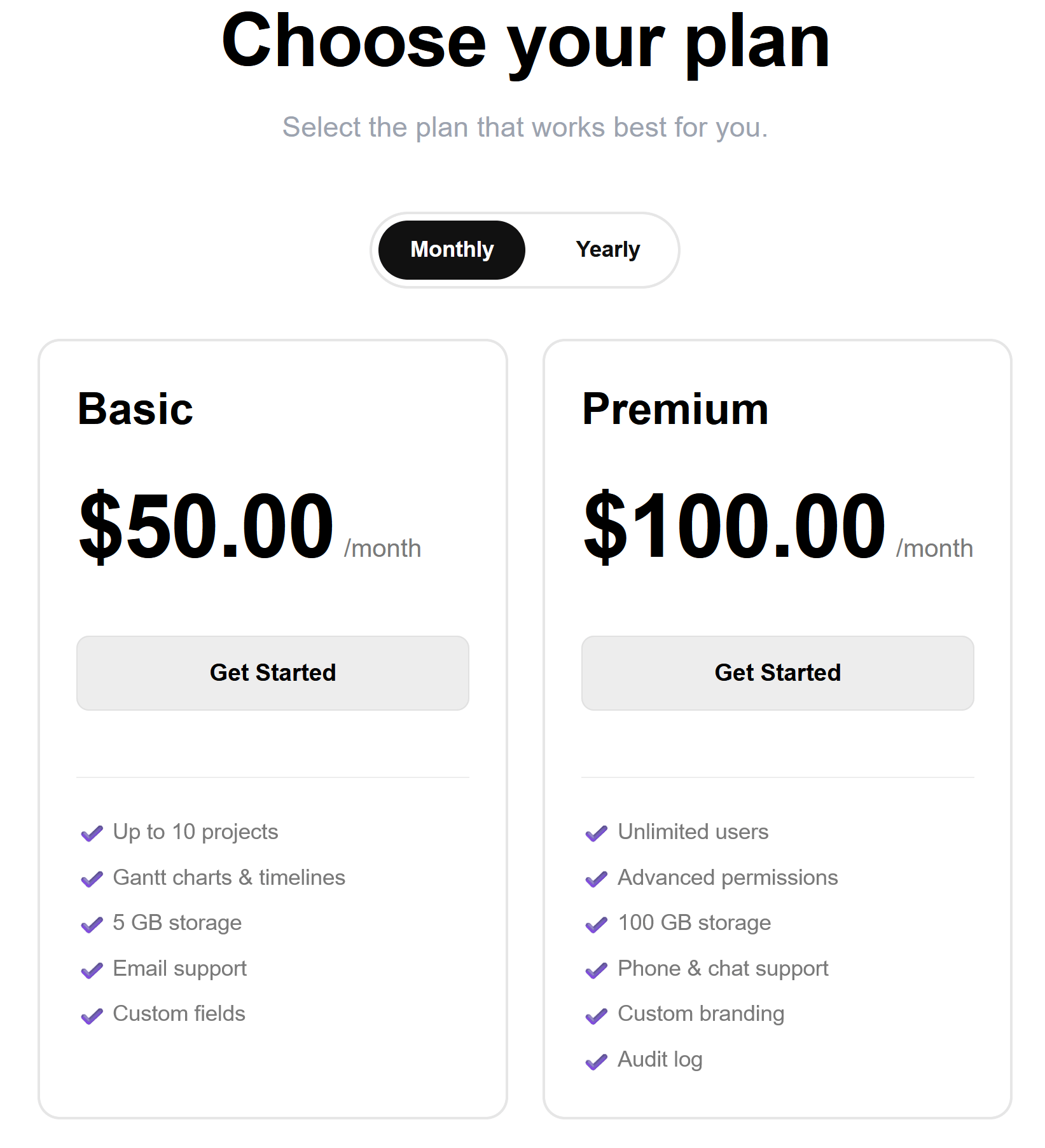Pricing table with a monthly/yearly interval toggle