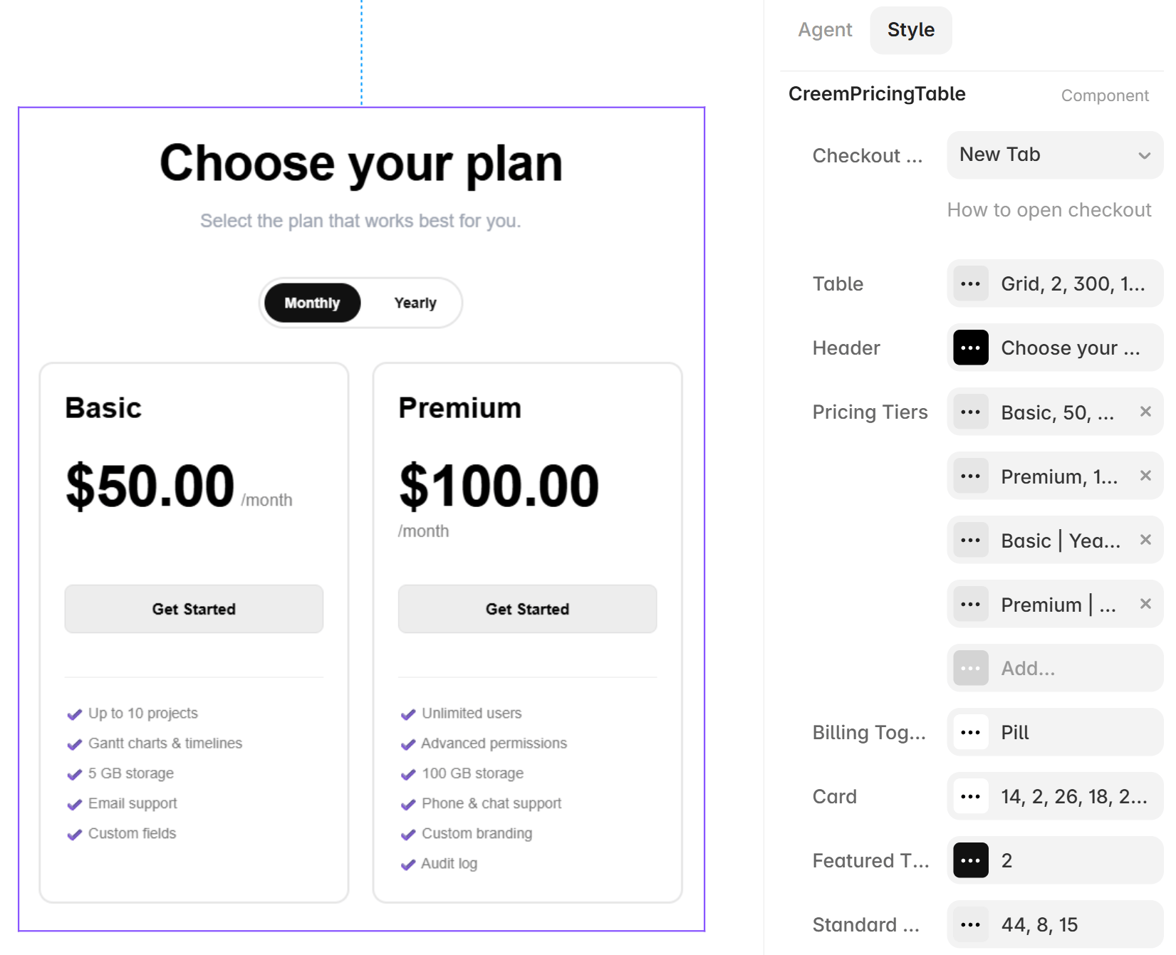 Pricing table property controls in the Framer panel