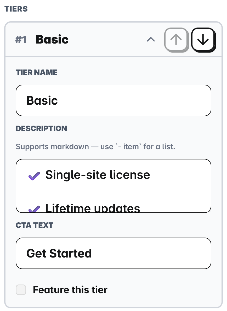 Editing a pricing table tier
