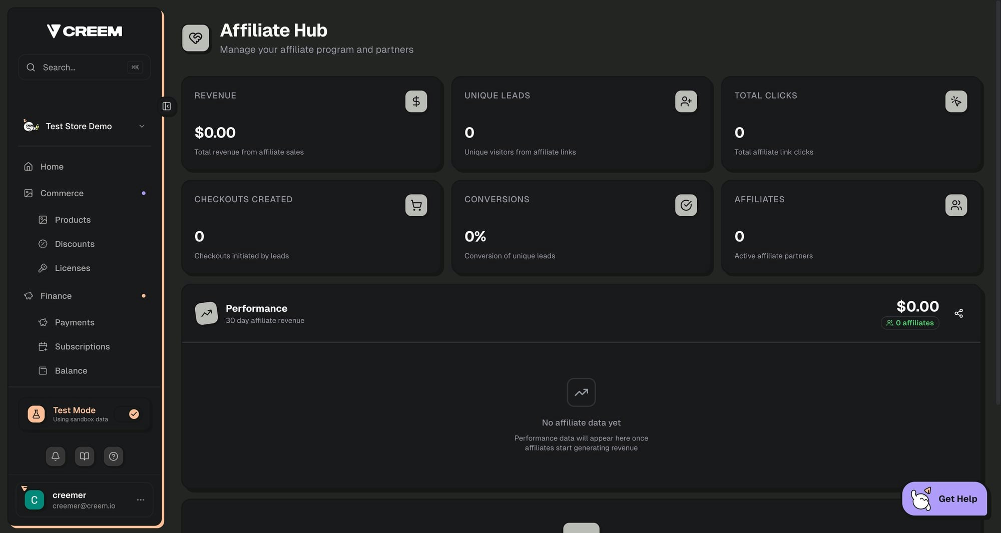 Creem Affiliate Hub dashboard showing performance metrics, revenue chart, and partner management