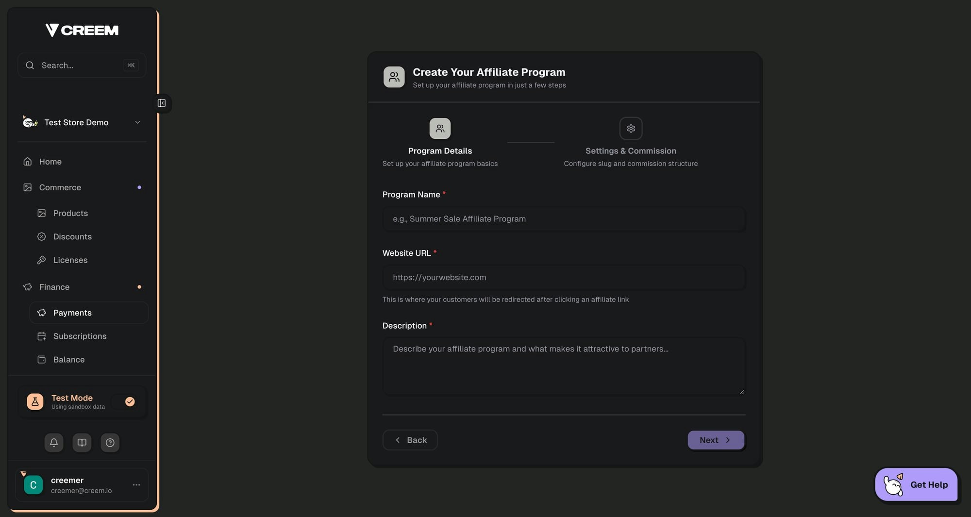 Affiliate program creation form showing program name, website URL, and description fields