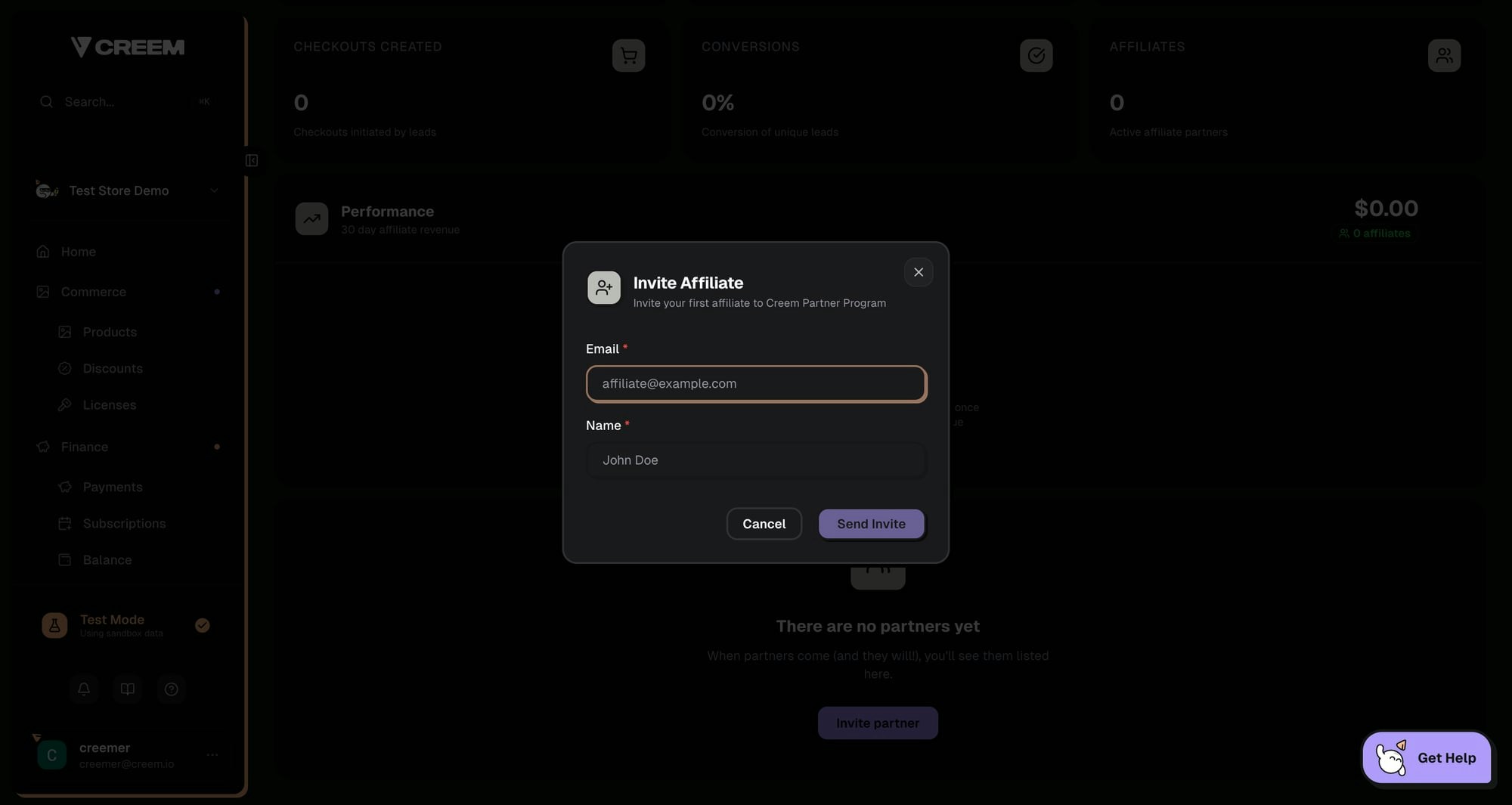 Invite affiliate modal with email and name input fields