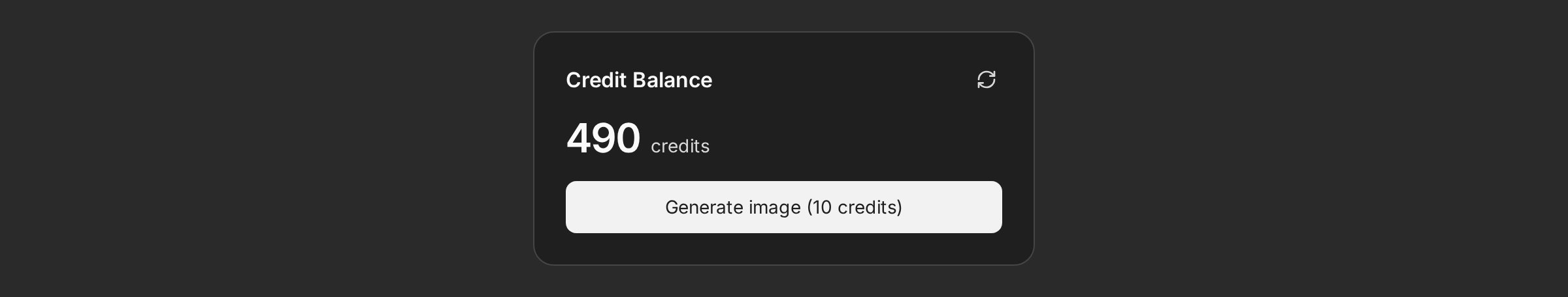 A Credit Balance card showing 490 credits with a refresh icon and a Generate image button costing 10 credits
