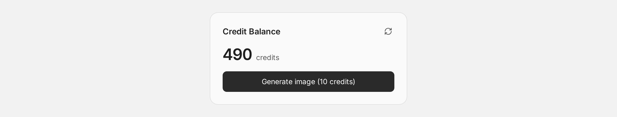A Credit Balance card showing 490 credits with a refresh icon and a Generate image button costing 10 credits