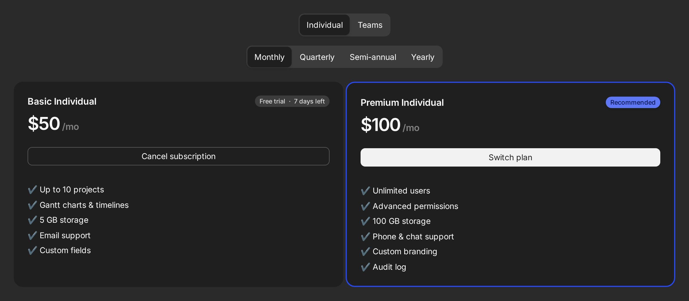 An Individual/Teams group selector above a billing-cycle selector, with the Individual plans rendered beneath it