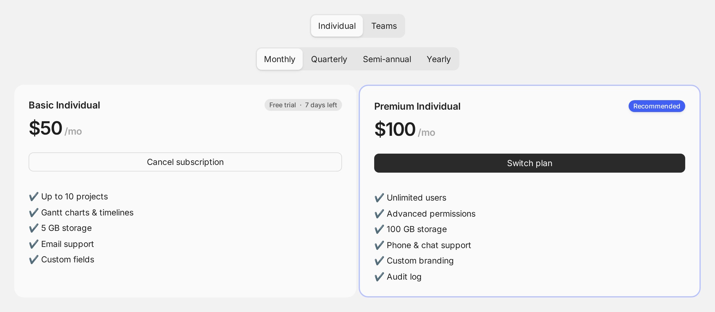 An Individual/Teams group selector above a billing-cycle selector, with the Individual plans rendered beneath it