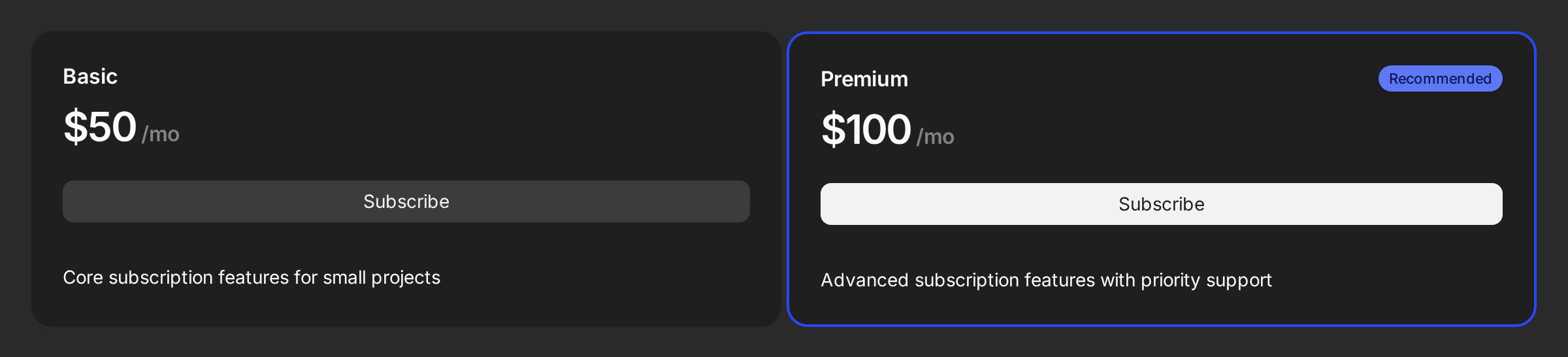 Two subscription plan cards, Basic at $50 per month and a recommended Premium at $100 per month, each with a Subscribe button
