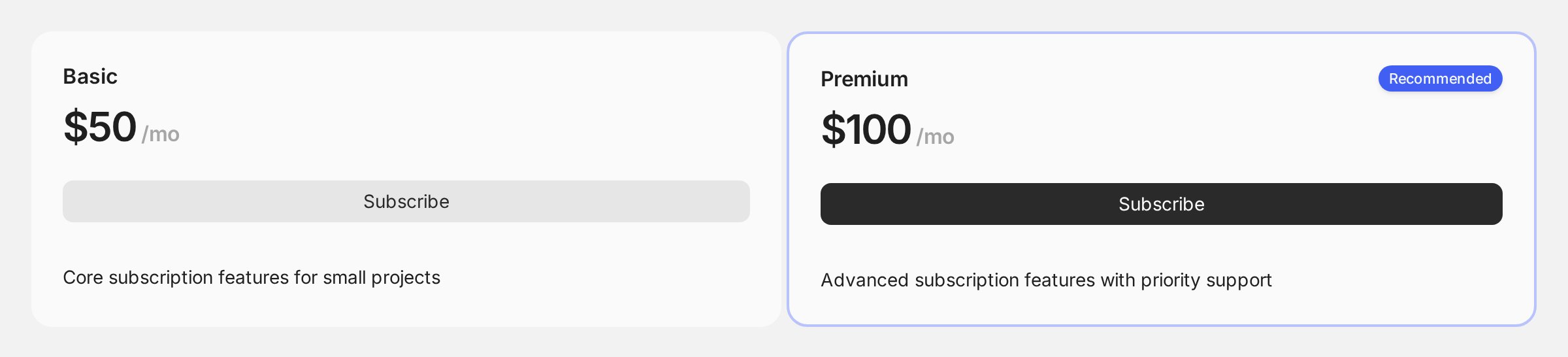 Two subscription plan cards, Basic at $50 per month and a recommended Premium at $100 per month, each with a Subscribe button