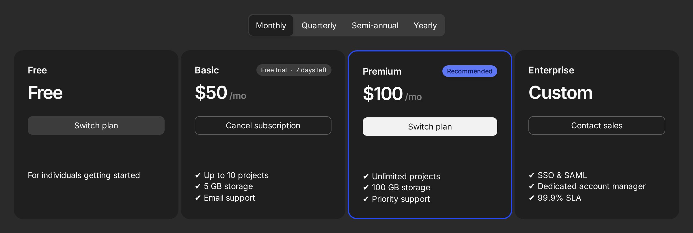 Four plan cards under a Monthly/Quarterly/Semi-annual/Yearly toggle: a Free plan, a Basic plan showing a trial countdown badge and Cancel subscription, a recommended Premium plan, and an Enterprise plan with Contact sales