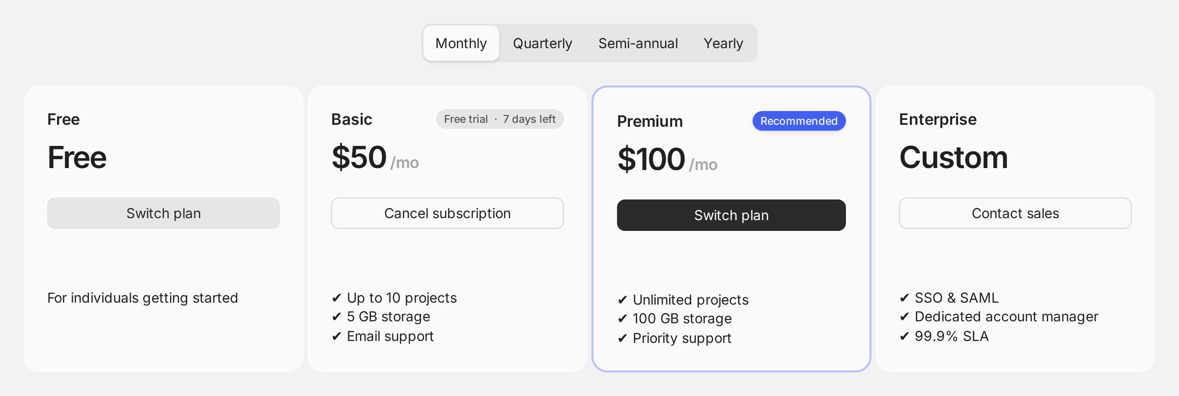 Four plan cards under a Monthly/Quarterly/Semi-annual/Yearly toggle: a Free plan, a Basic plan showing a trial countdown badge and Cancel subscription, a recommended Premium plan, and an Enterprise plan with Contact sales