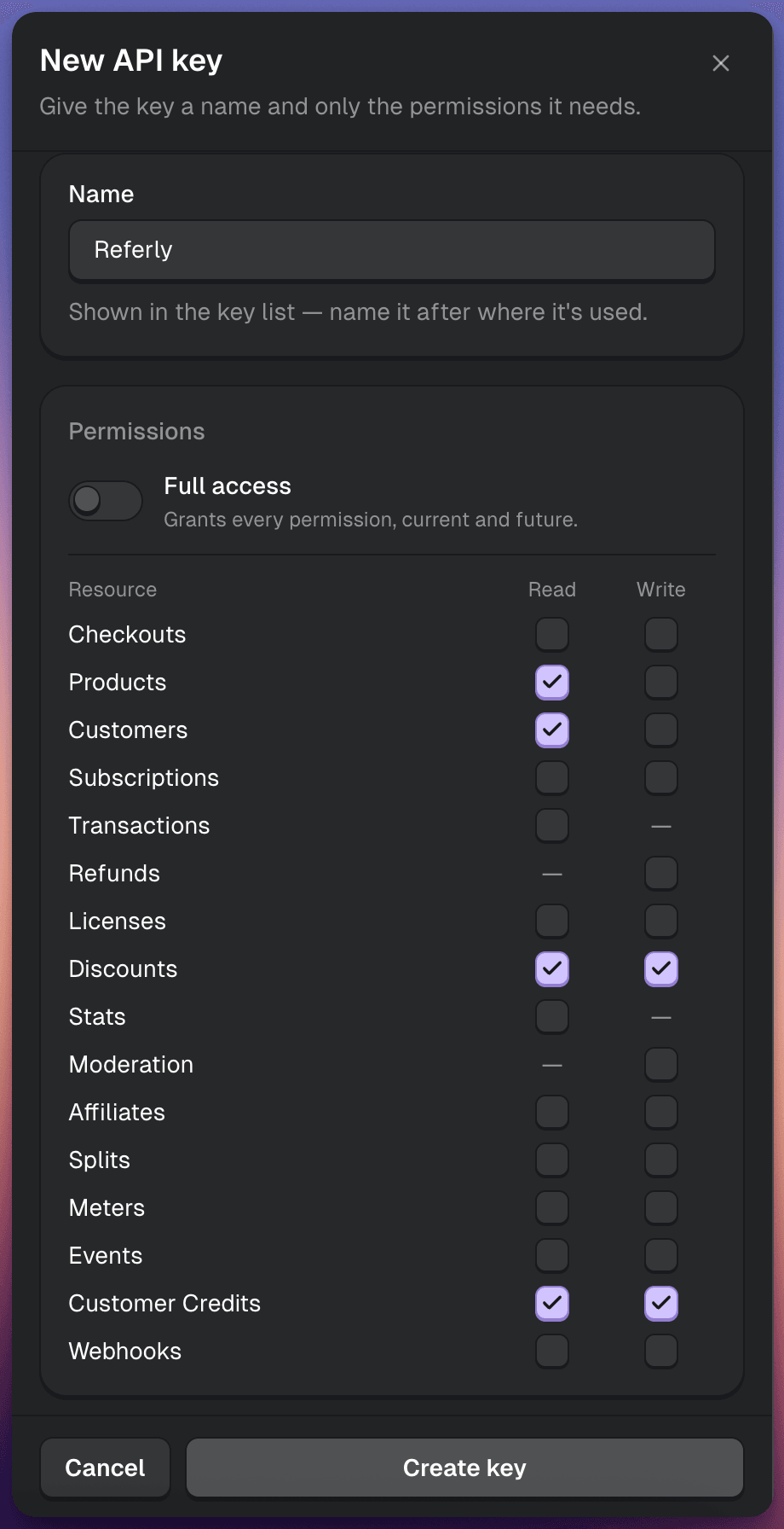 Creem's New API key dialog with Full access switched off and read permission on Products, read and write on Discounts, read on Customers and read and write on Customer Credits
