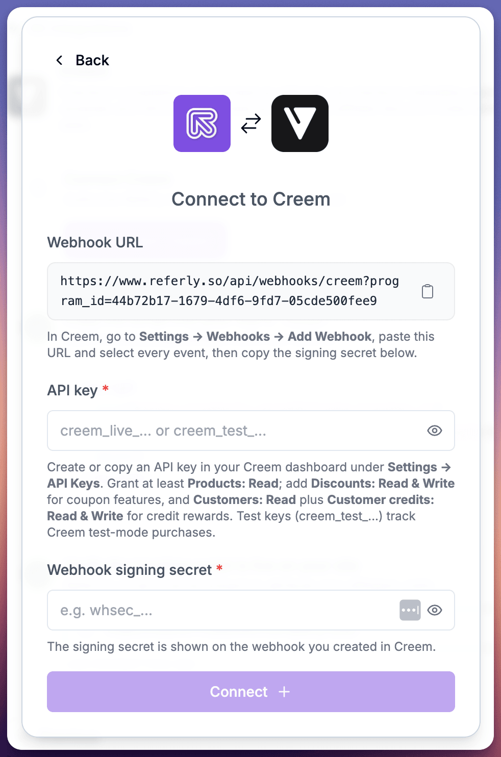 Referly's Creem connect dialog with the webhook URL, an API key field and a webhook signing secret field
