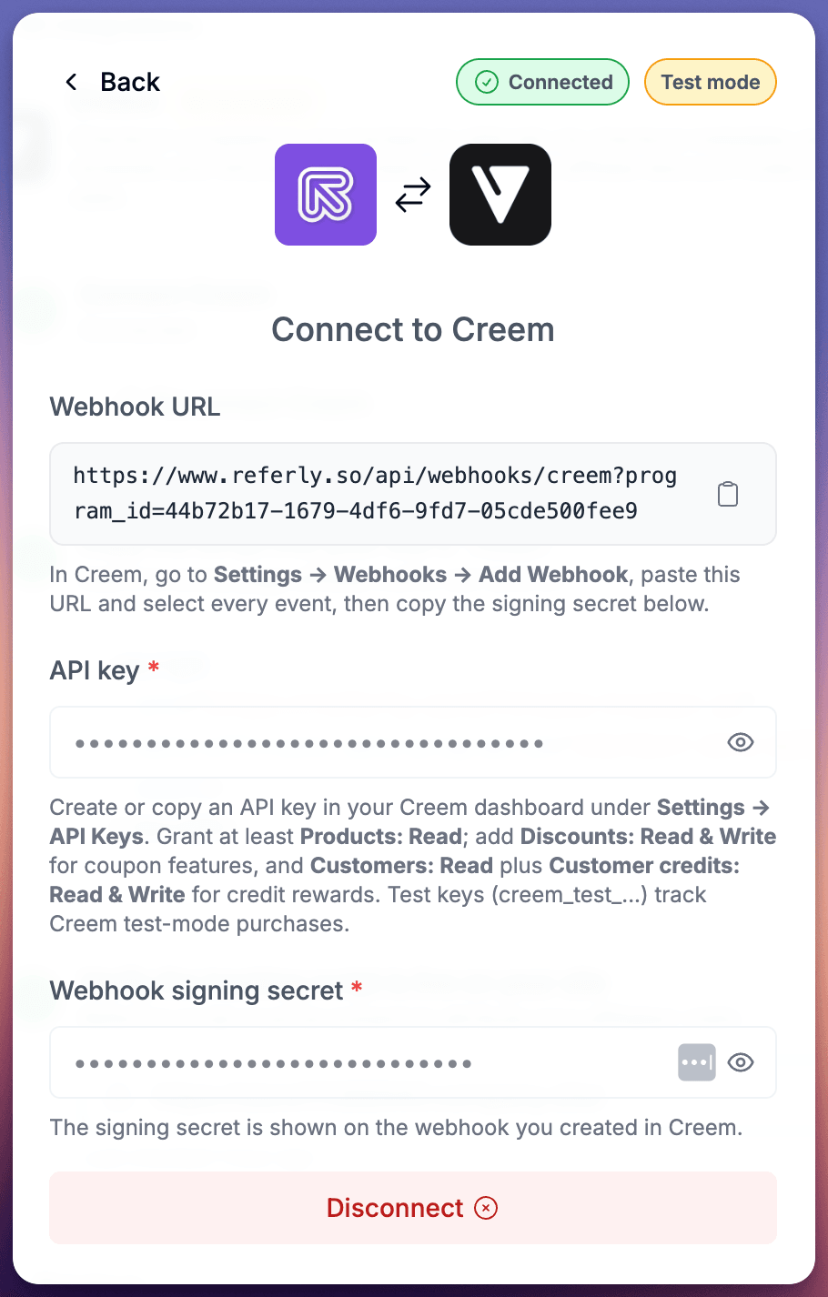Referly's Creem dialog in the connected state showing a green Connected badge and an amber Test mode badge