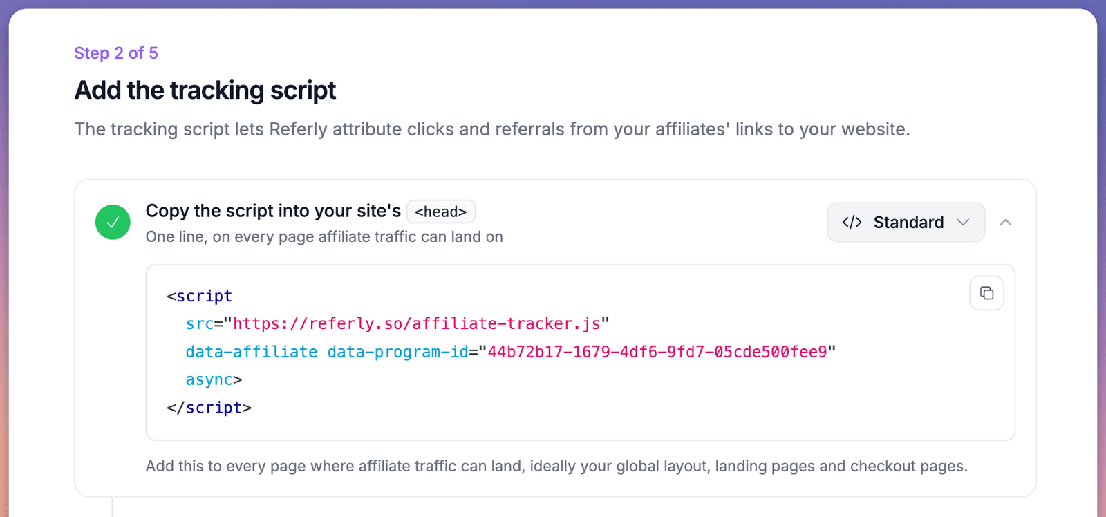 Referly's tracking script step with the copyable script snippet
