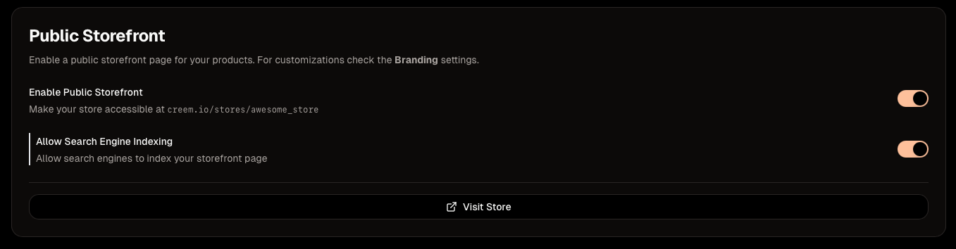 Enabling storefront in dashboard