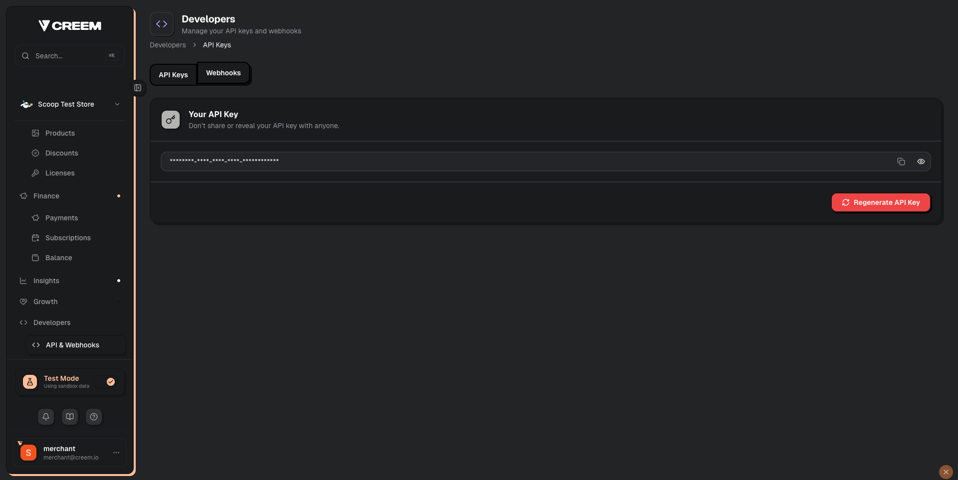 Creem Developers page showing API Keys section with copy and reveal buttons