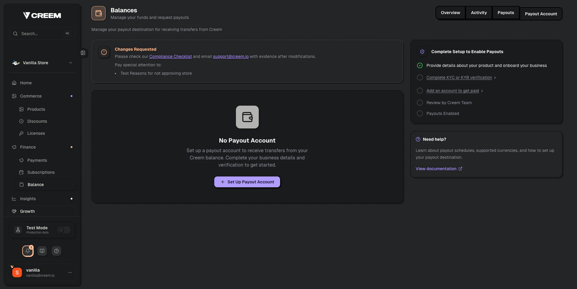 Creem Balance page showing Payout Account tab with test mode notice