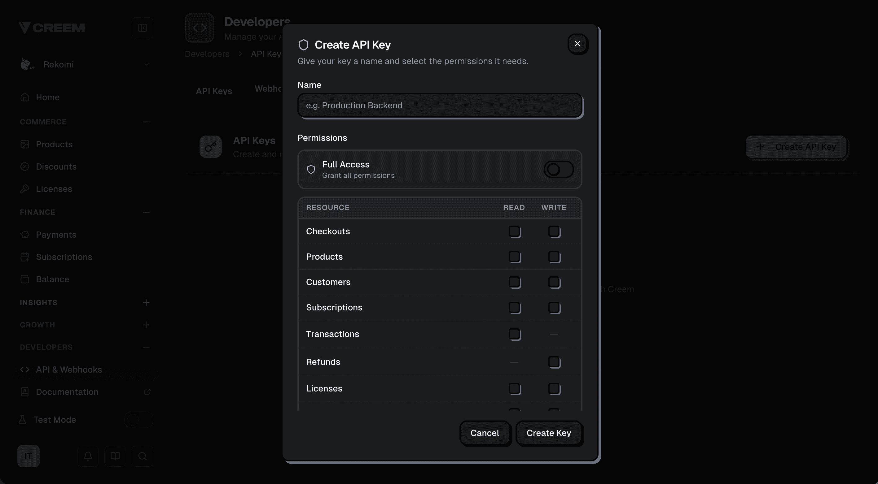 Creem's Create API Key dialog showing the resource permission matrix with read and write columns