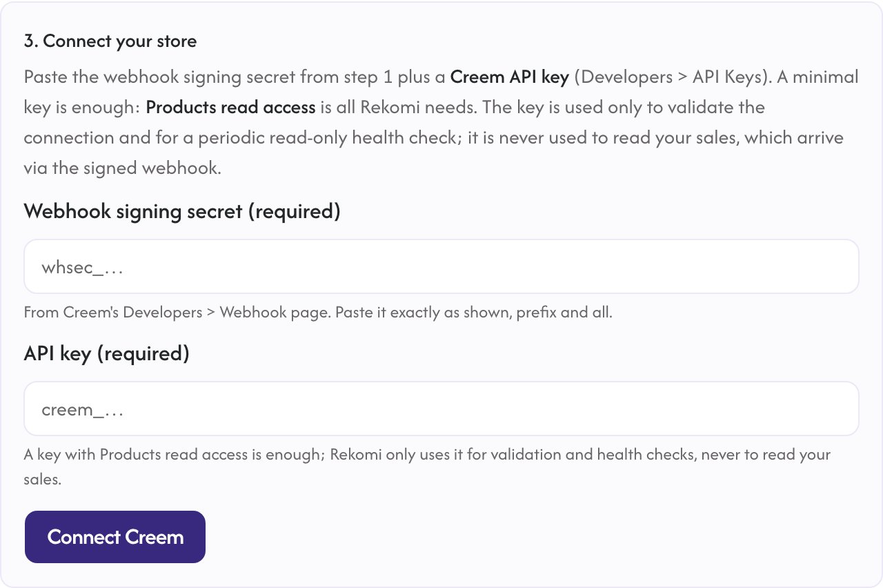 The Rekomi connect form with fields for the Creem webhook signing secret and API key