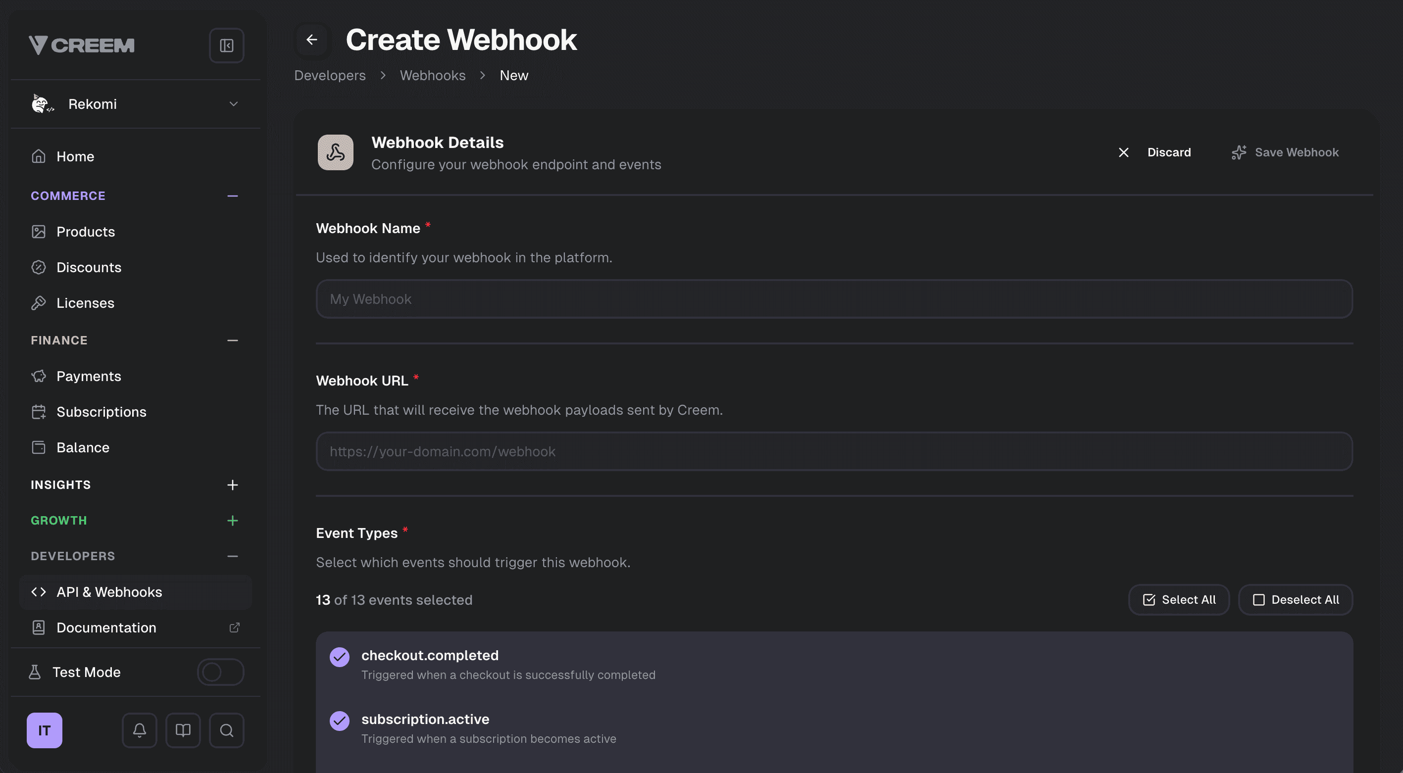 Creem's Create Webhook form with the name and URL fields and all 13 event types selected