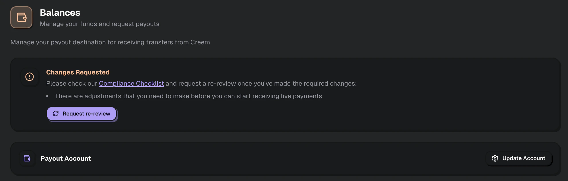 Balance page showing the Request re-review button