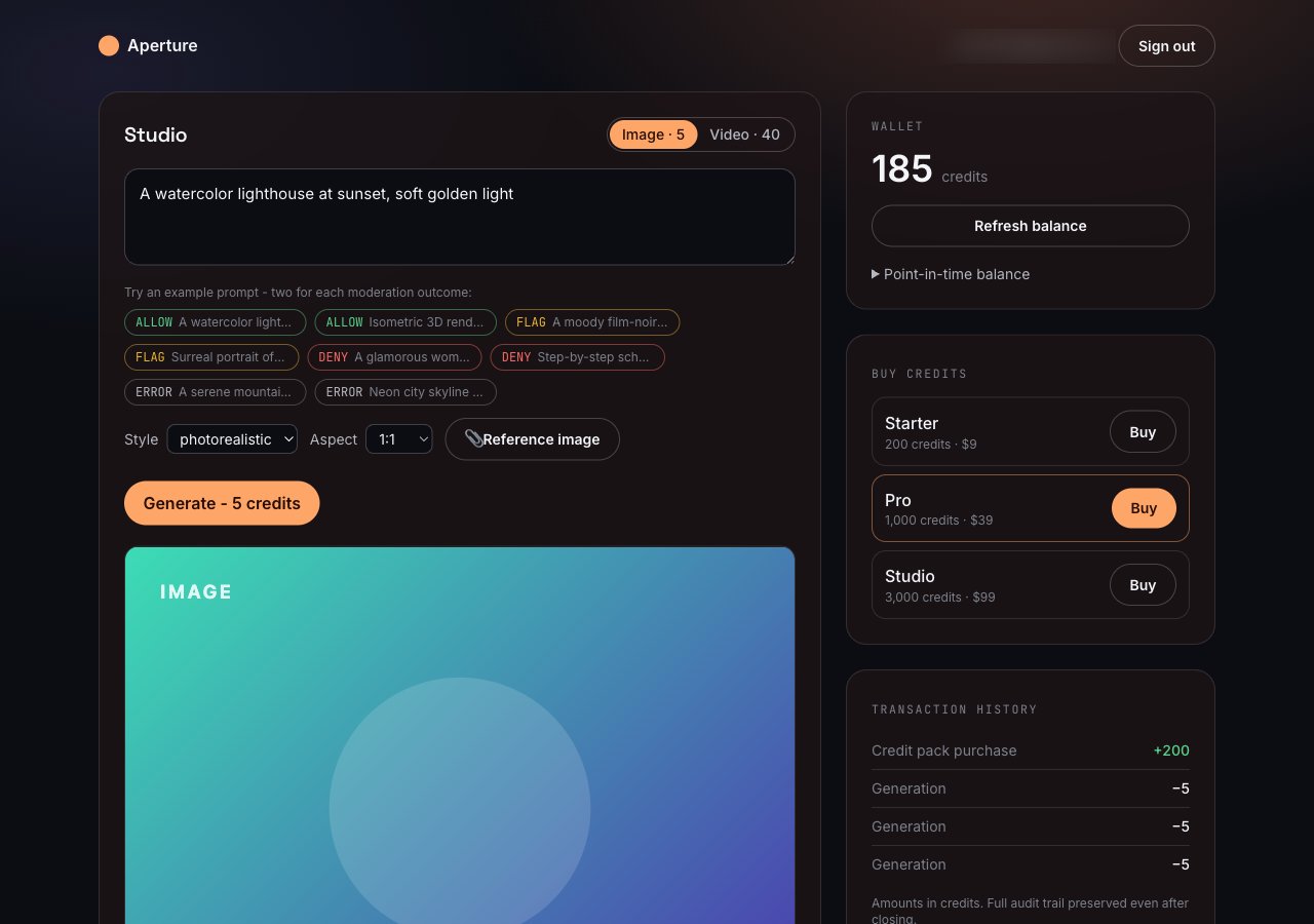 The allow path: the prompt passes moderation and the studio renders a poster while the wallet drops to 185 credits