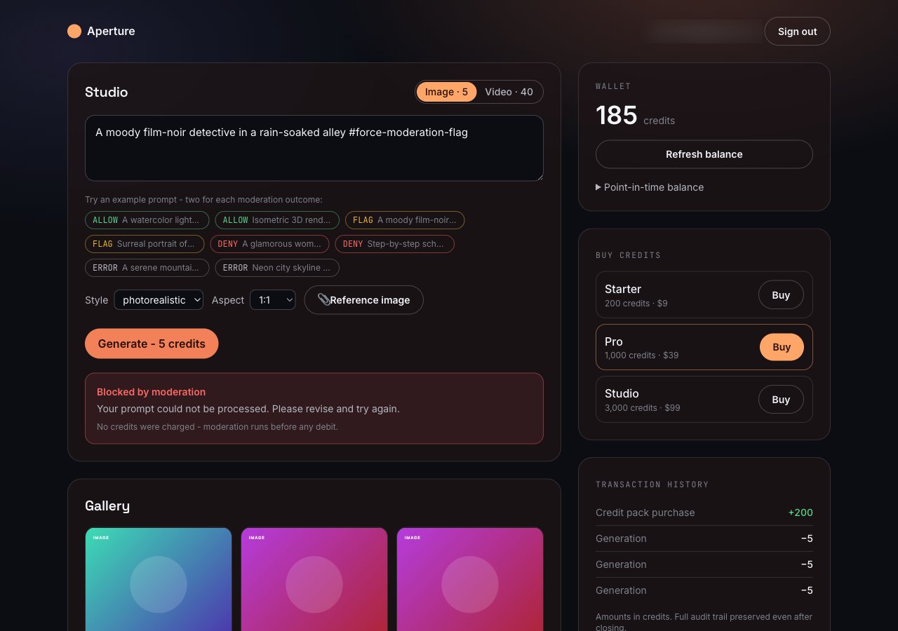 The flag path: a "Blocked by moderation" card asks the user to revise the prompt, and no credits are charged