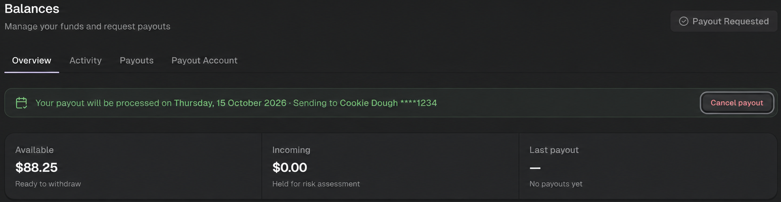 Balances page showing a scheduled payout request and the Cancel payout button