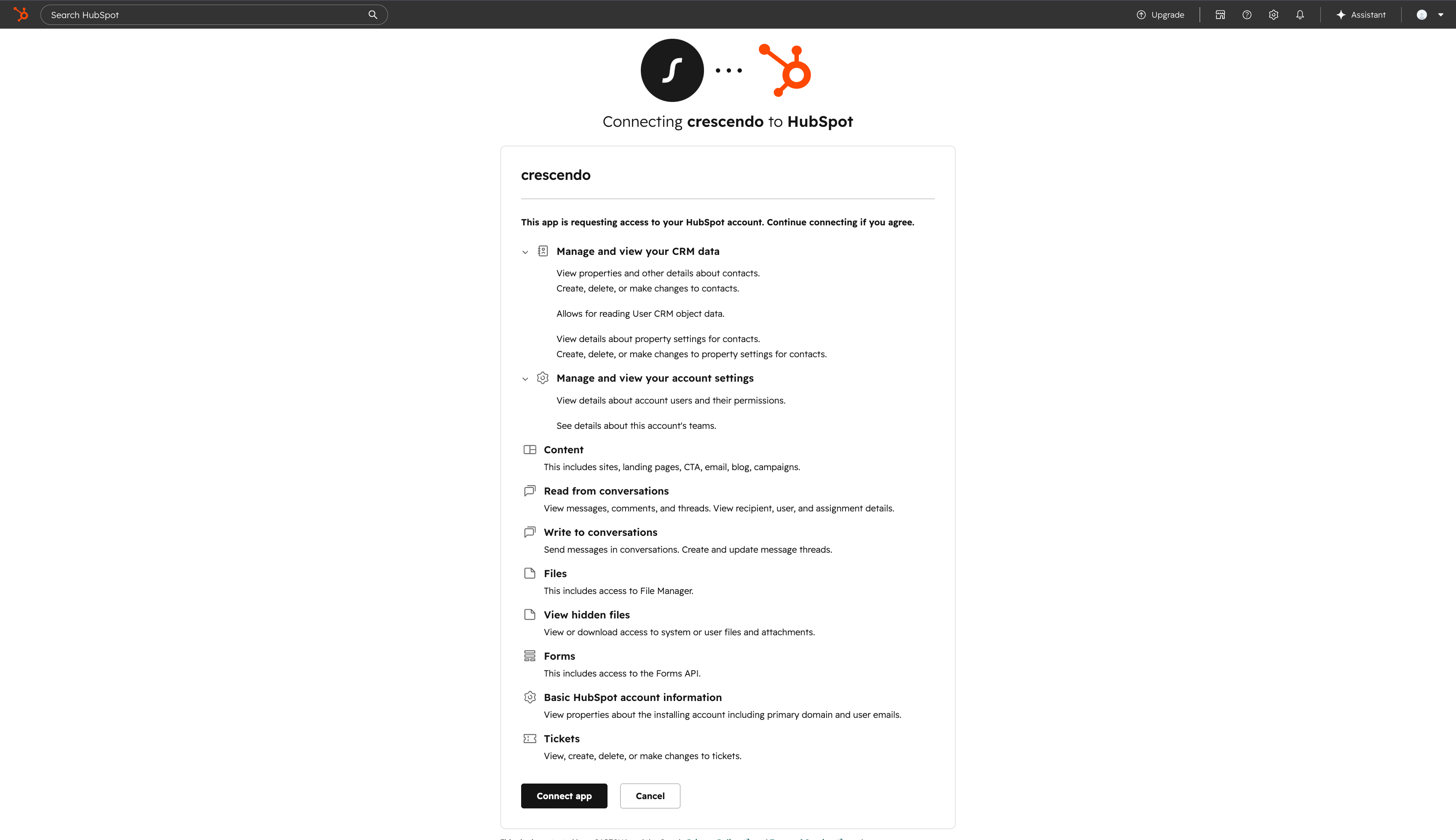 HubSpot OAuth approval screen showing the Crescendo app requesting access to CRM data, account settings, content, conversations, files, forms, and tickets.