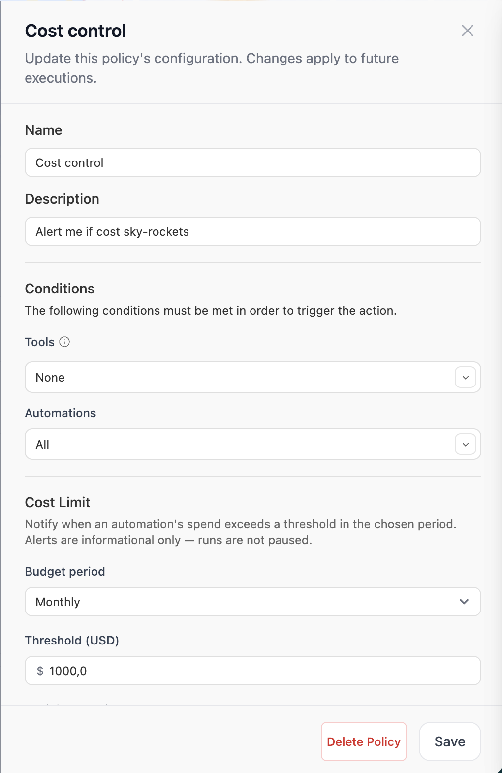 New Policy side panel configured for Cost Limit with budget period, threshold, and recipient emails