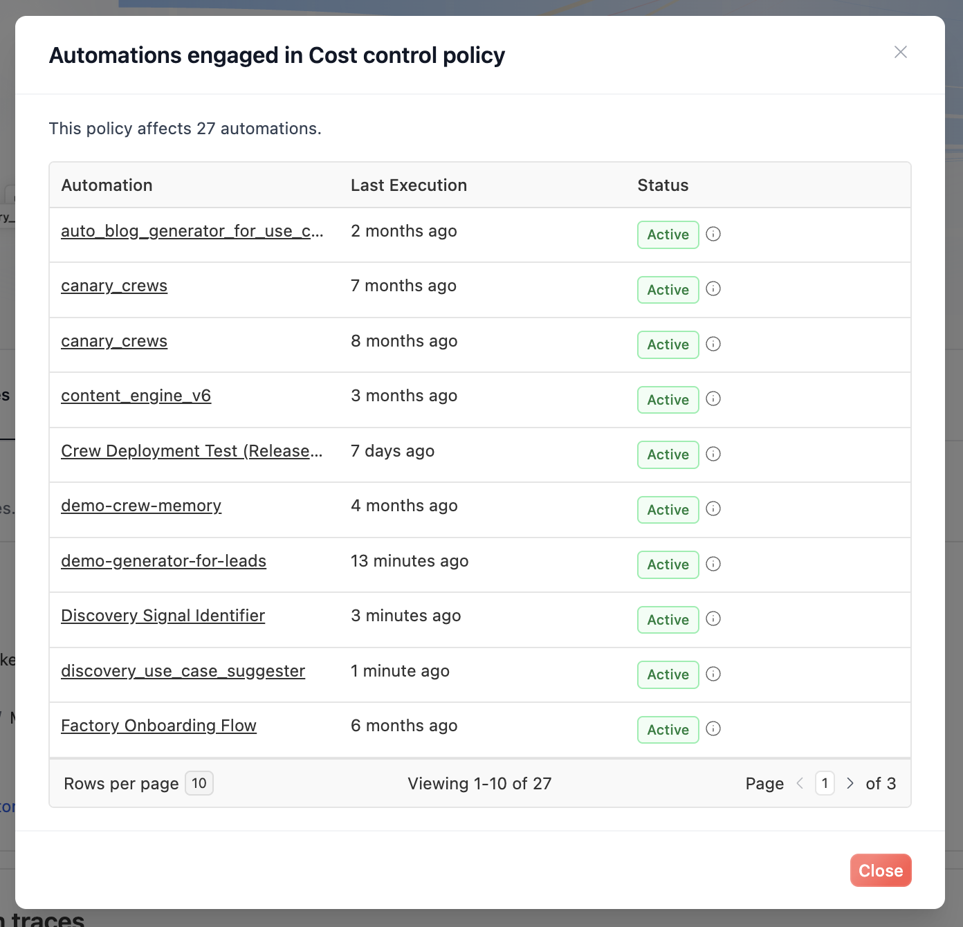 Engaged automations modal